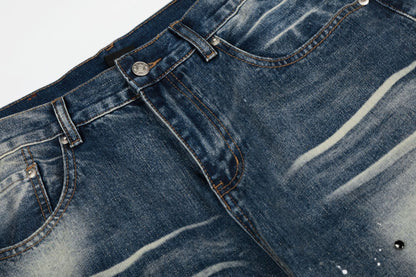 Washed Paint Rhinestone Wide Leg Curved Denim Jeans WN25876