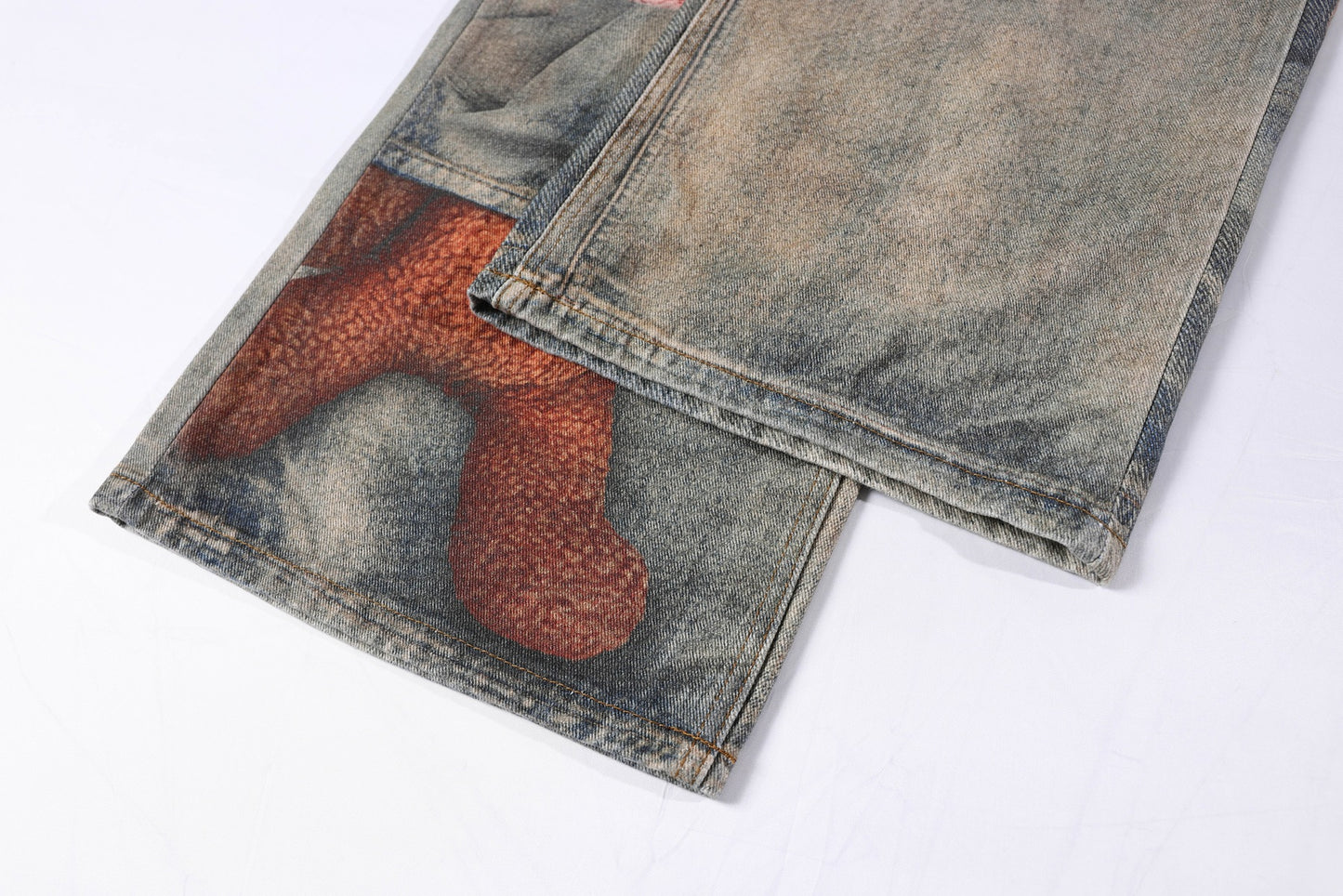 Washed 3D Graphic Print Wide Leg Denim Jeans WN26139