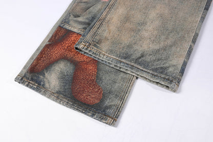 Washed 3D Graphic Print Wide Leg Denim Jeans WN26139