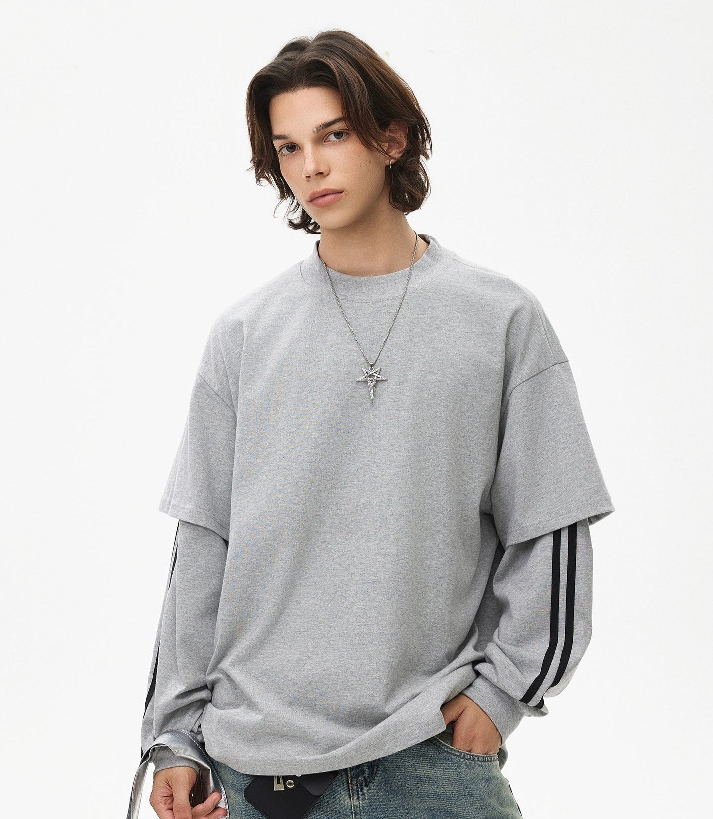 Stripe Fake Layered Oversize Long Sleeve T-Shirt WN21443