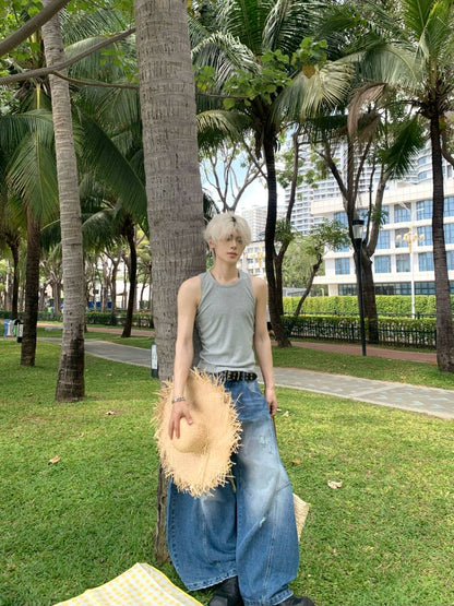 Scimitar Cut Damage Wide Leg Denim Jeans WN19732