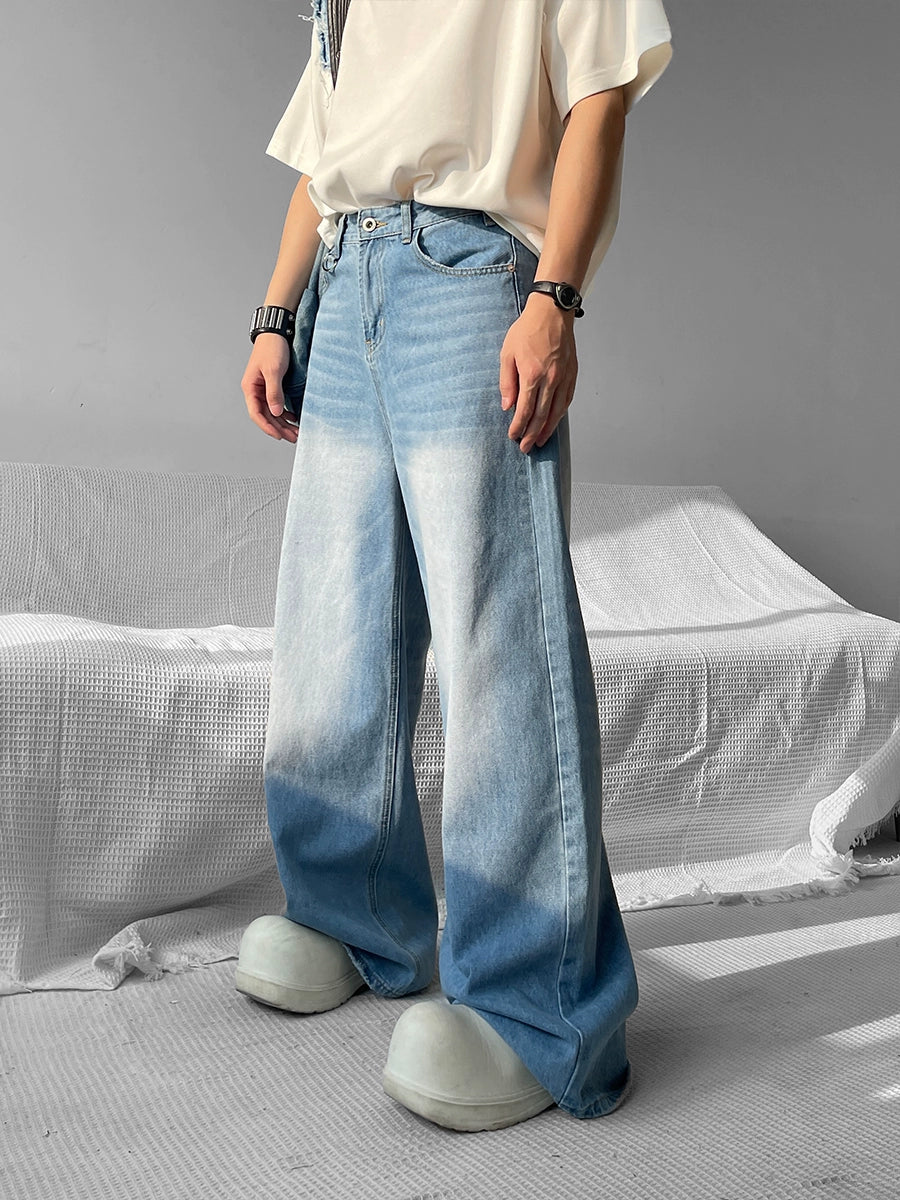 Faded Mid Waist Wide Leg Straight Denim Jeans WN9564