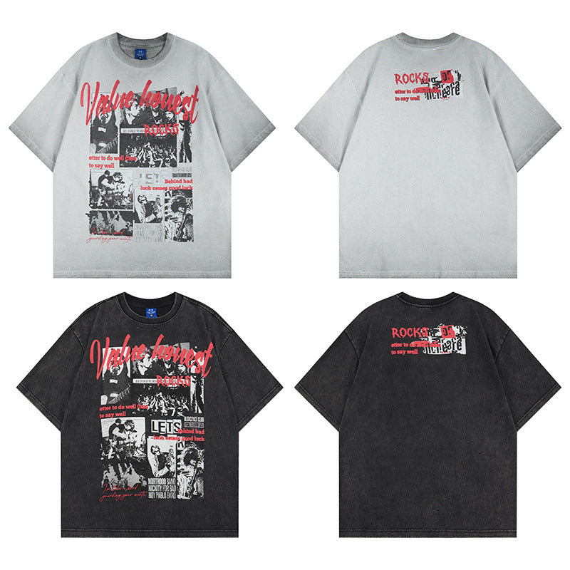 Washed Rock Band Print Short Sleeve T-Shirt WN25485