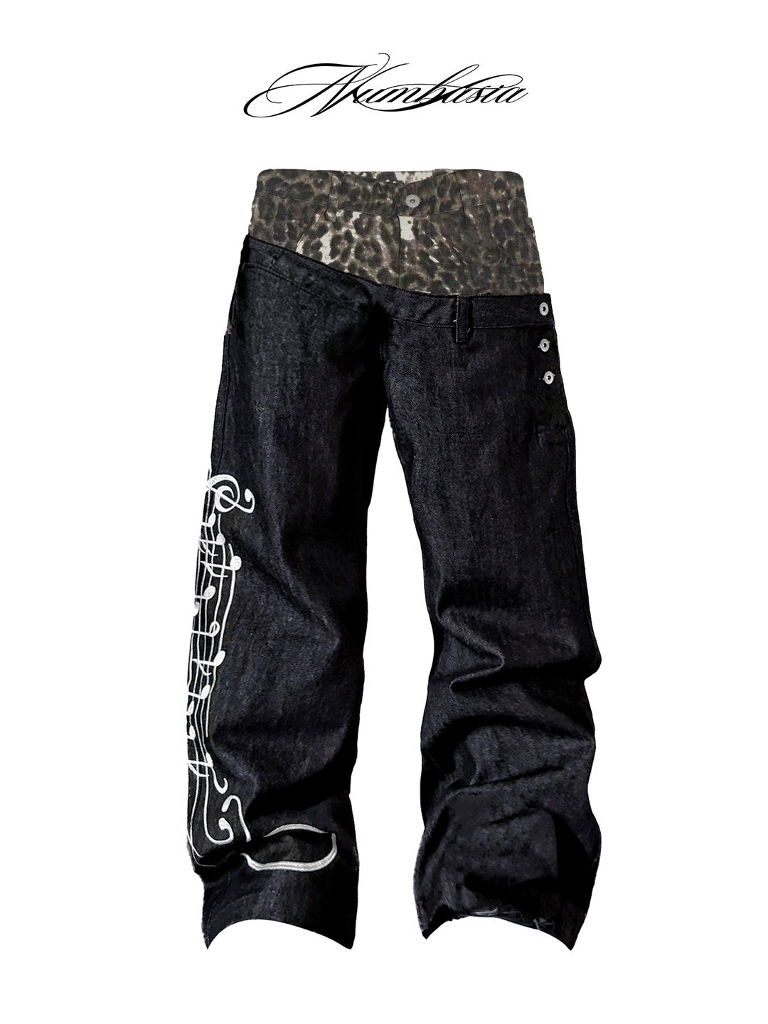 Double Waist Leopard Music Print Wide Leg Denim Jeans WN27235