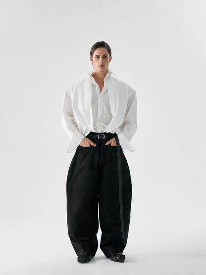 Waxed Finish 3D Inverted-Pocket Baggy Wide-Leg Denim Jeans WN15178