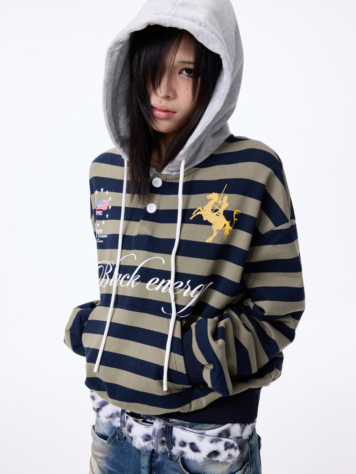 Stripe Print Drawstring Oversize Pullover Hoodie WN27361