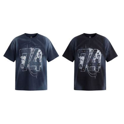 Rivet Wash Damage Cotton Short Sleeve T-Shirt WN25595