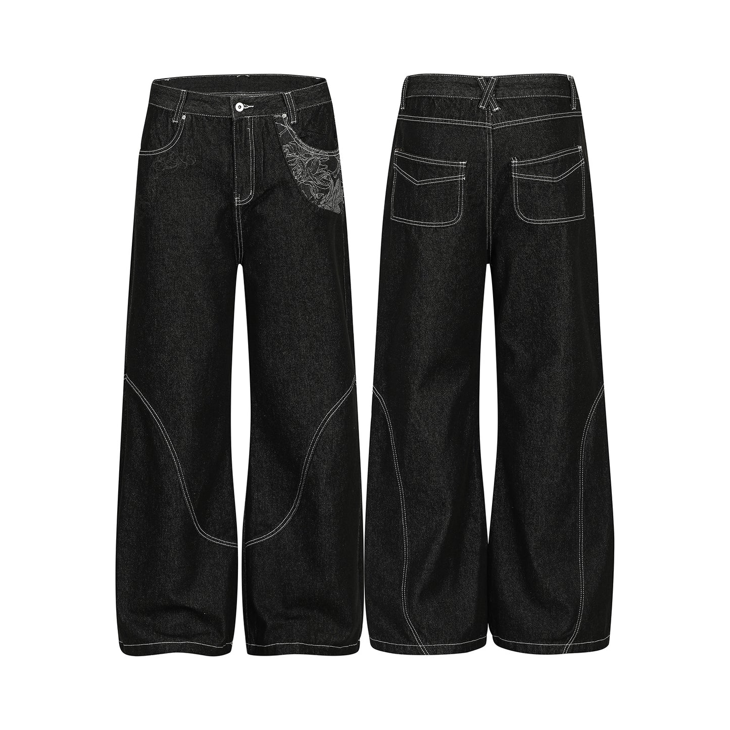 Contrast Stitch Bandana Patch Wide Leg Denim Jeans WN25979