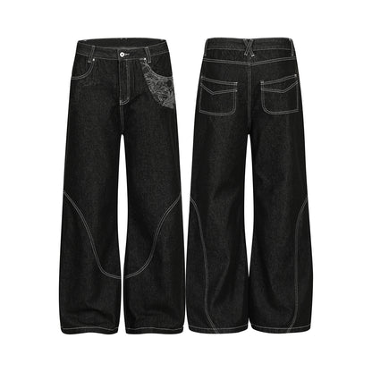 Contrast Stitch Bandana Patch Wide Leg Denim Jeans WN25979