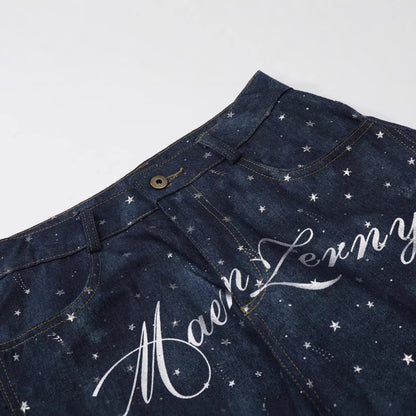 Star Print Curved Wide Leg Denim Jeans WN25696