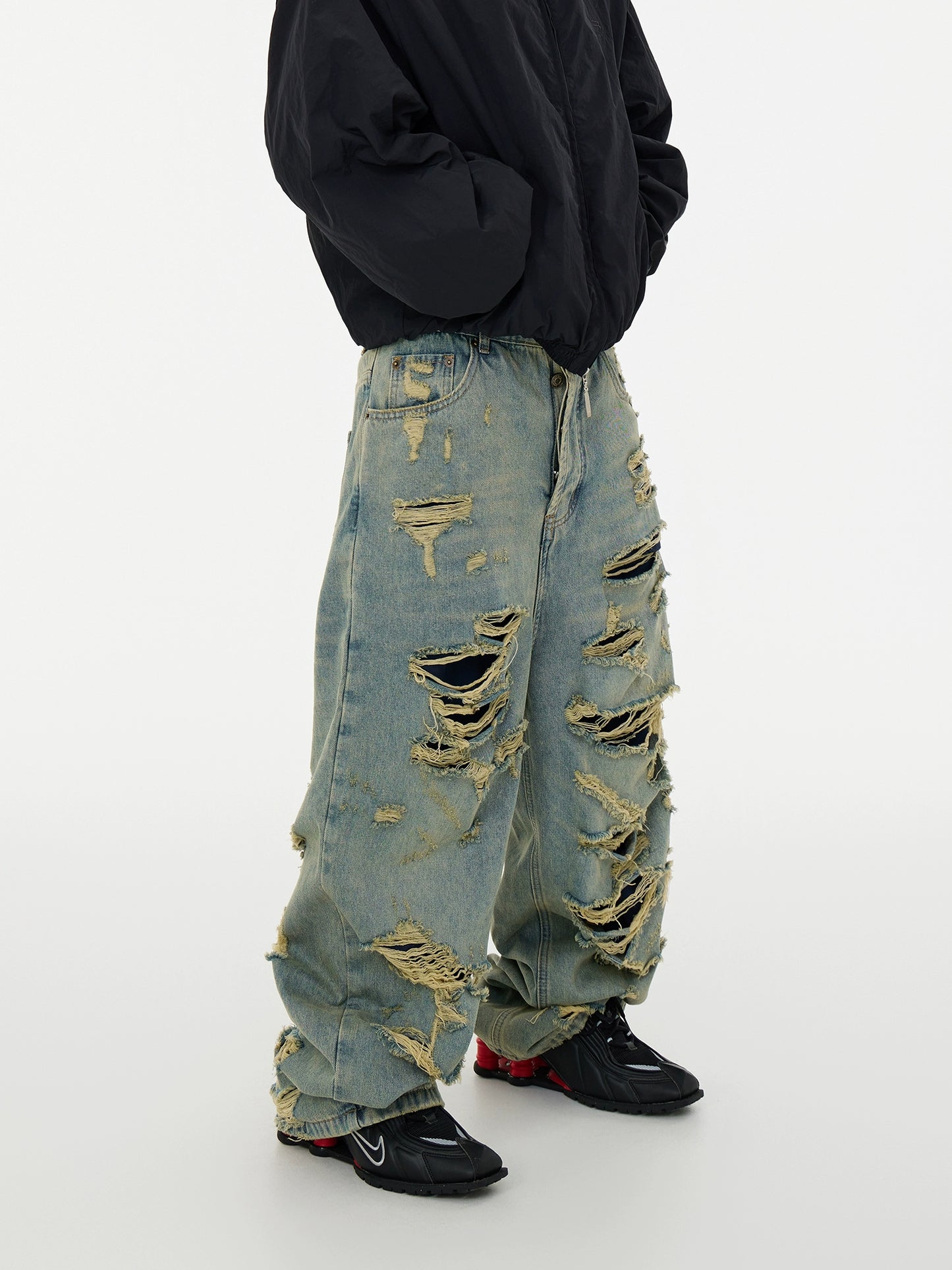 Double Layer Fringe Damage Washed Wide Leg Denim Jeans WN16955