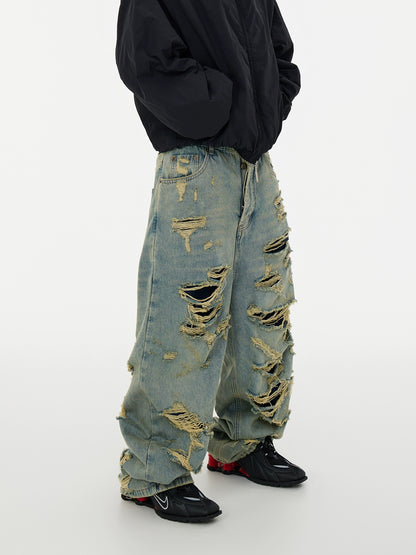 Double Layer Fringe Damage Washed Wide Leg Denim Jeans WN16955