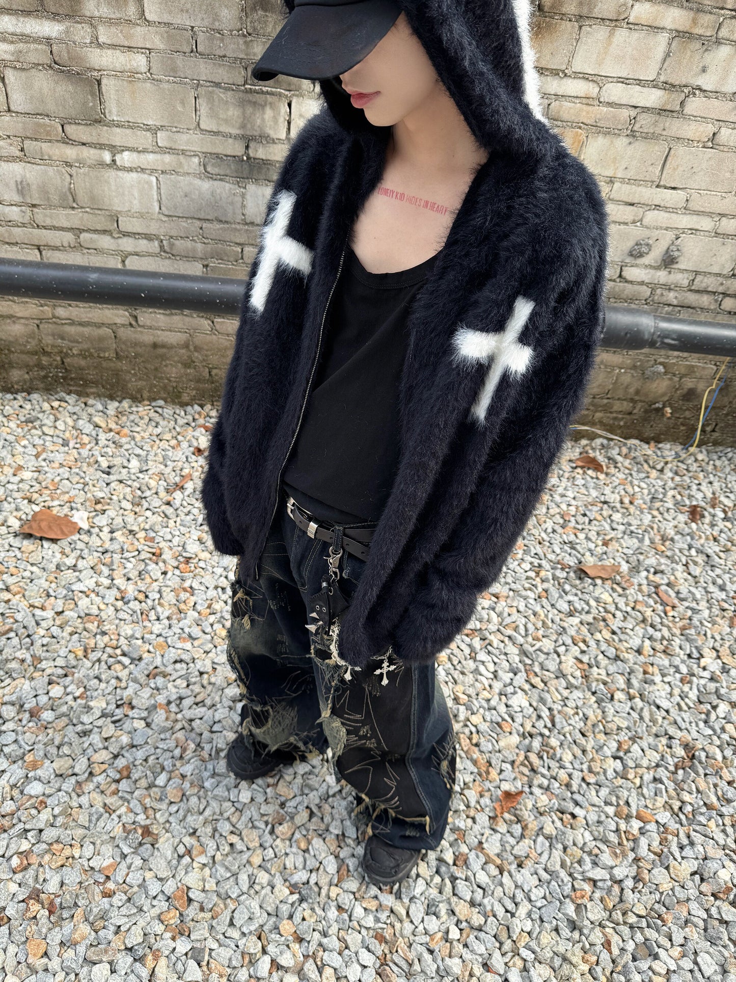Cross Fake Mohair Oversize Zipper Hoodie WN22989