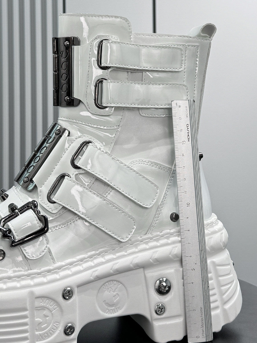 Patent Strap Buckle Studs Platform Short Boots WN24674