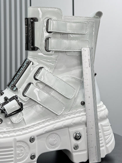 Patent Strap Buckle Studs Platform Short Boots WN24674