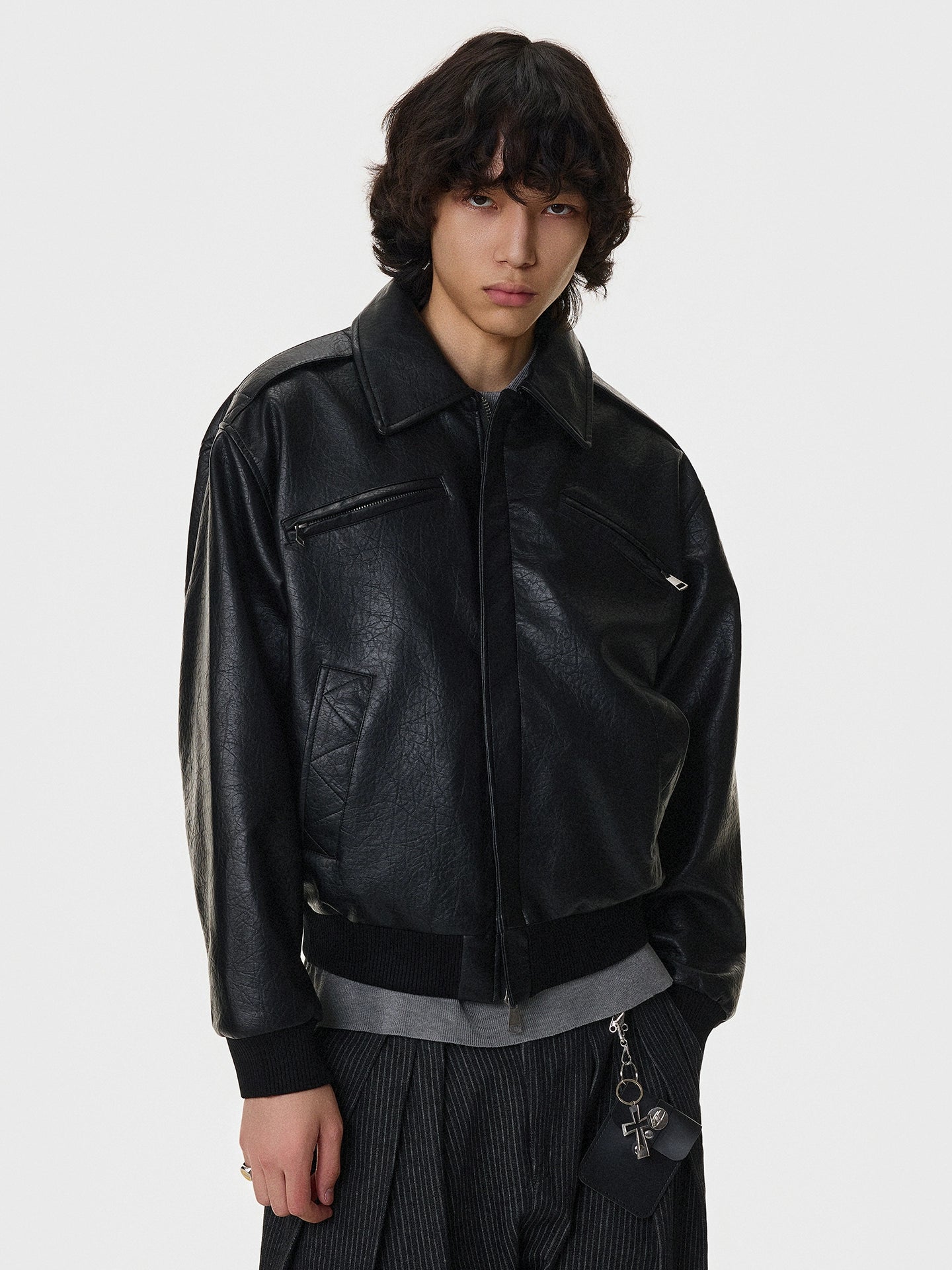 Textured Multi-Pocket Short PU Leather Jacket WN21394