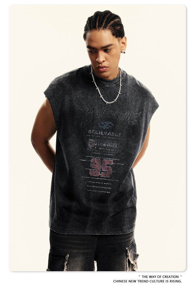 Washed Damage Print Oversize Tank Top T-shirt WN6391