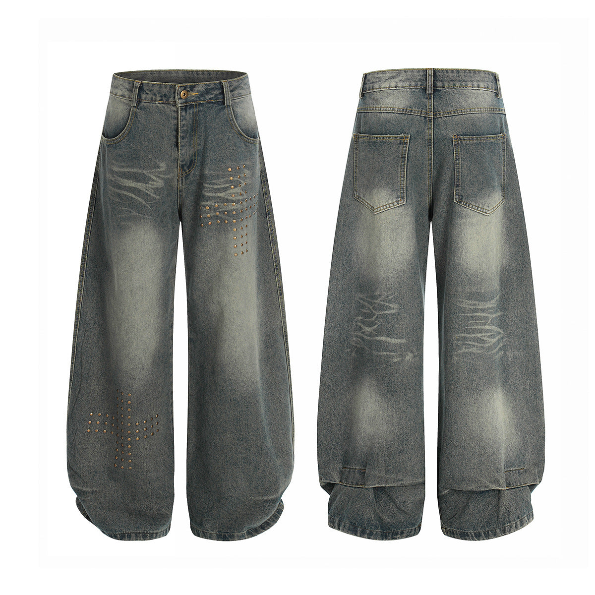 Washed Whisker Cross Studs Wide Leg Denim Jeans WN25798