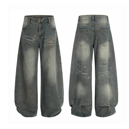 Washed Whisker Cross Studs Wide Leg Denim Jeans WN25798