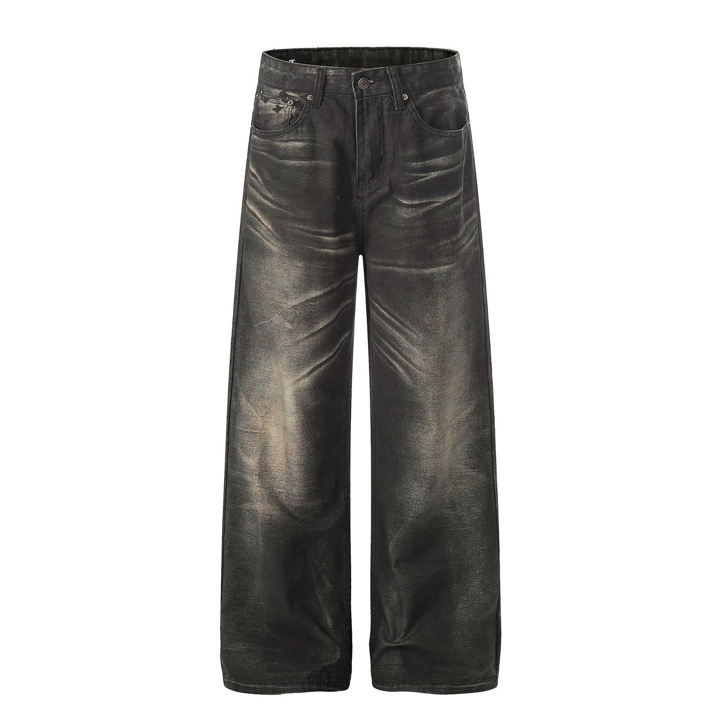 Washed Fade Whisker Wide Leg Straight Denim Jeans WN25881