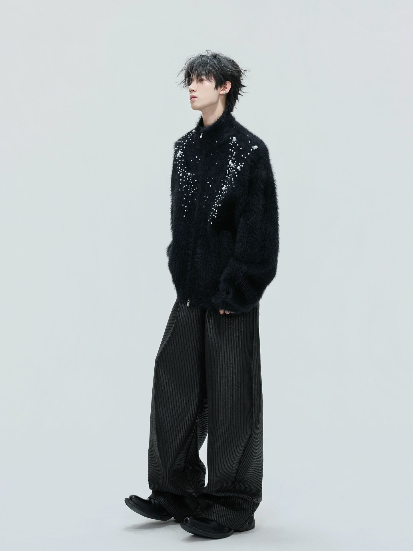 Pearl Embellished High-Neck Furry Knit Zipper Cardigan WN21720