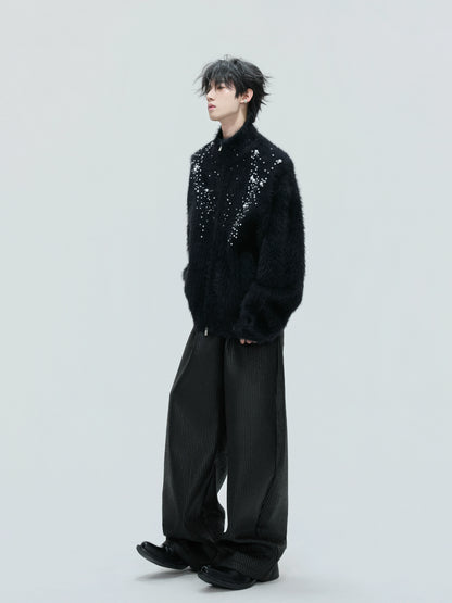 Pearl Embellished High-Neck Furry Knit Zipper Cardigan WN21720