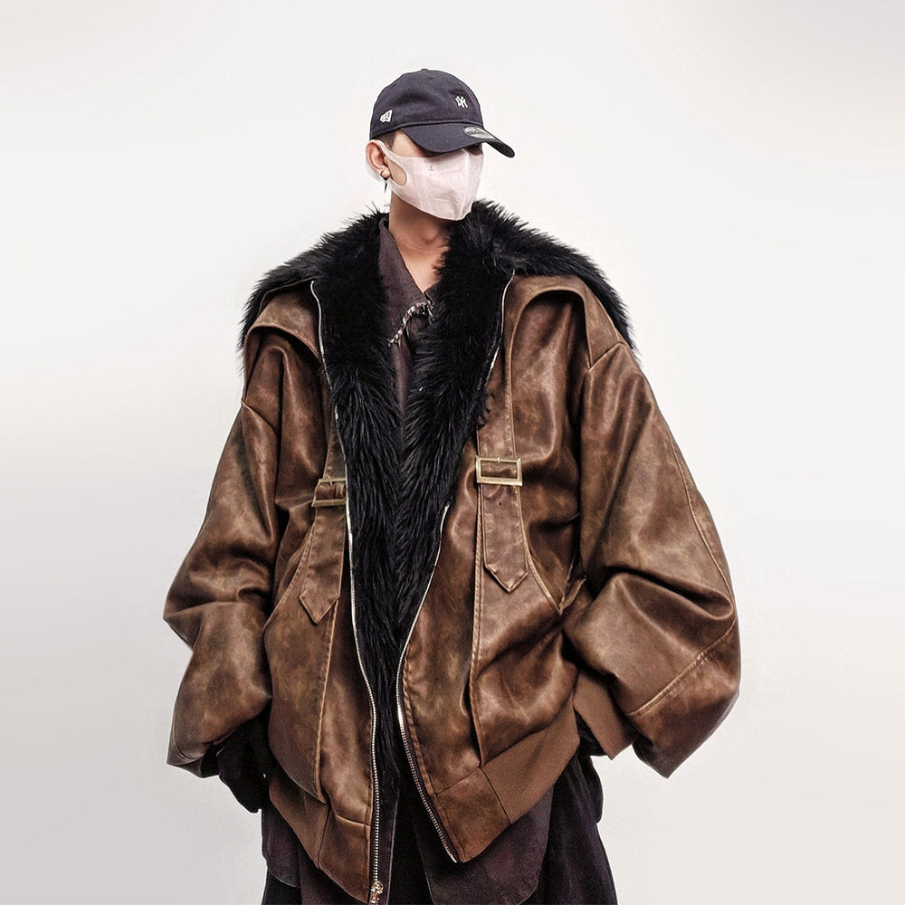 Fake Fur Lapel Oversize PU Leather Jacket WN24019