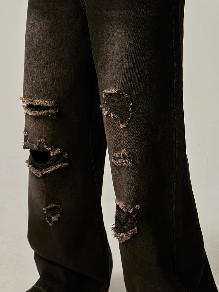 Damaged Straight Long Denim Jeans WN6185
