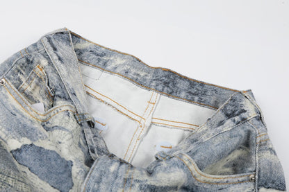 3D Print Damage Washed Wide Leg Denim Jeans WN27953