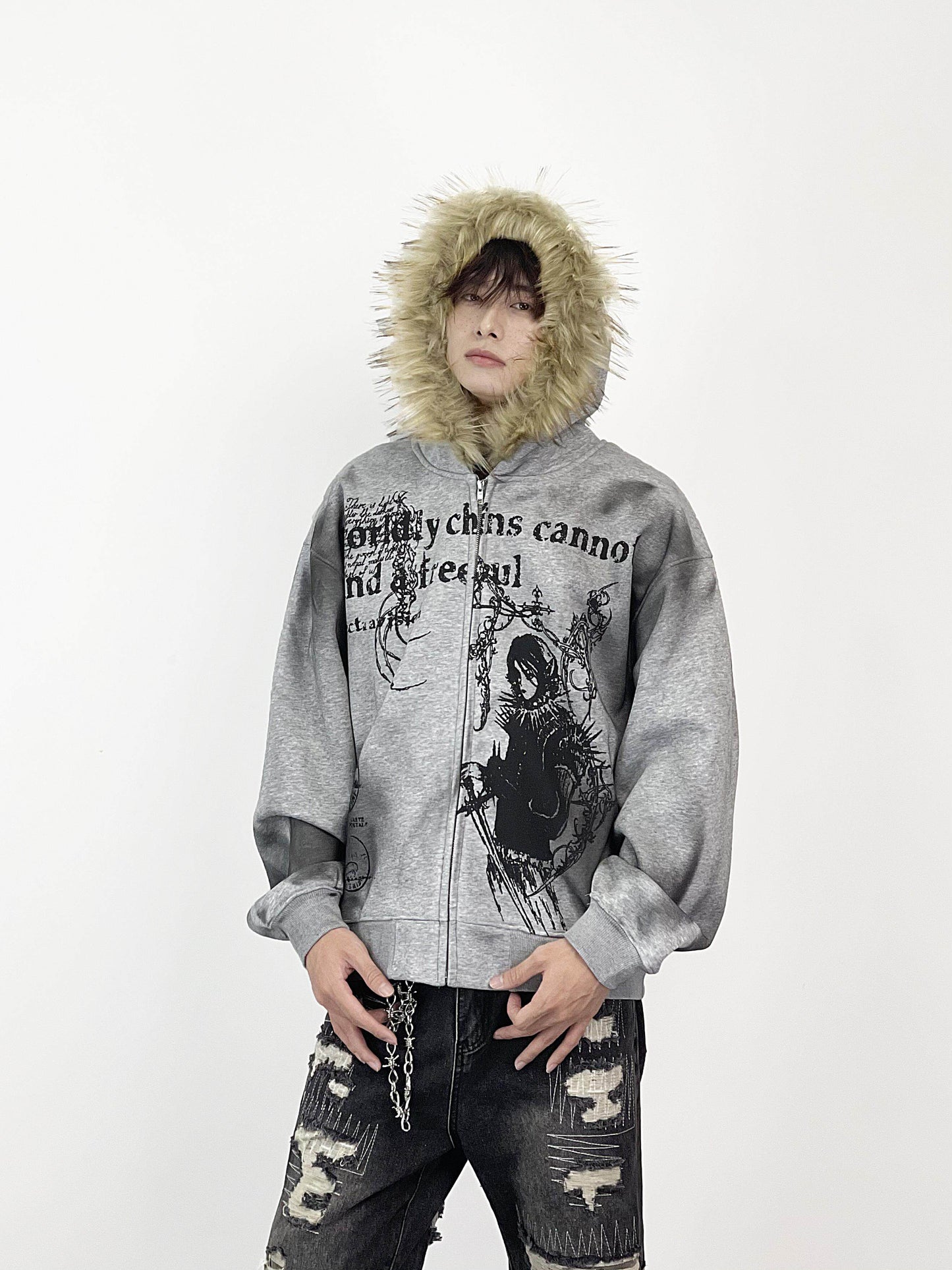 Fake Fur Collar Heavyweight Oversize Zipper Hoodie WN24276