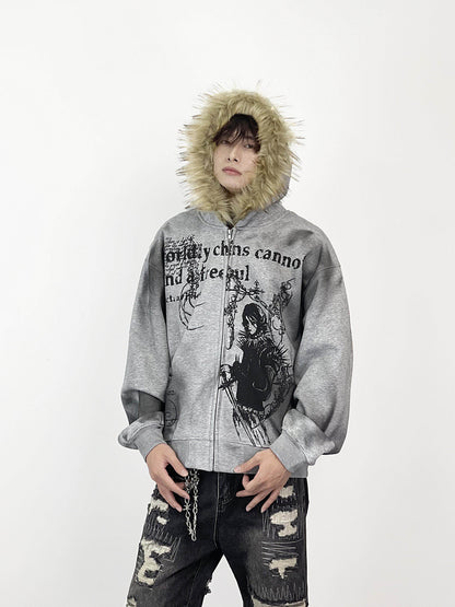 Fake Fur Collar Heavyweight Oversize Zipper Hoodie WN24276