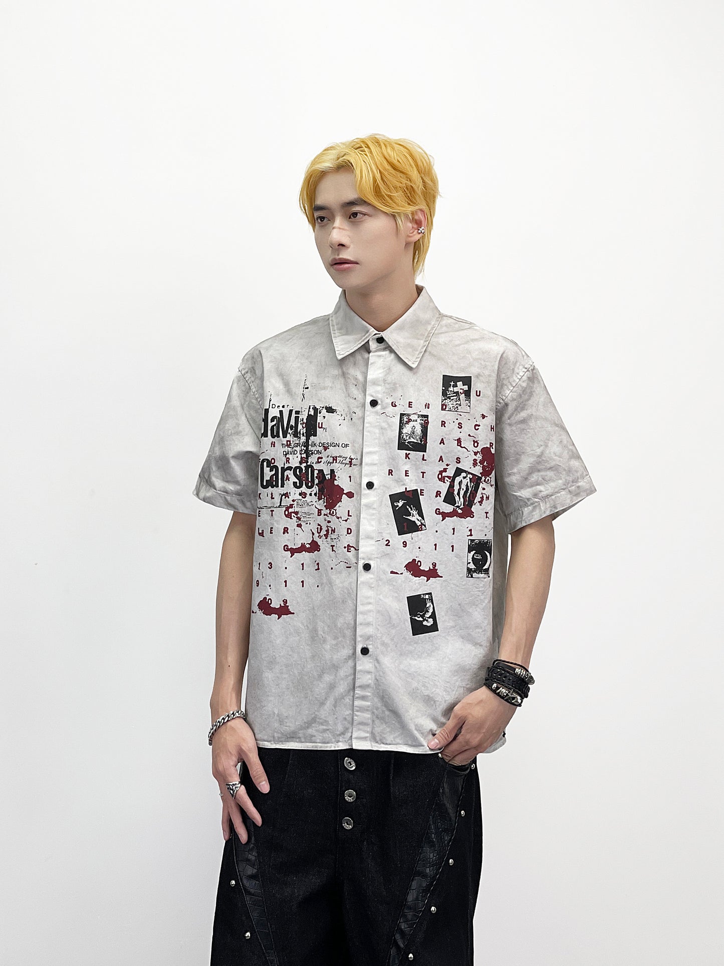 Graffiti Print Splatter Washed Short Sleeve Shirt WN24267