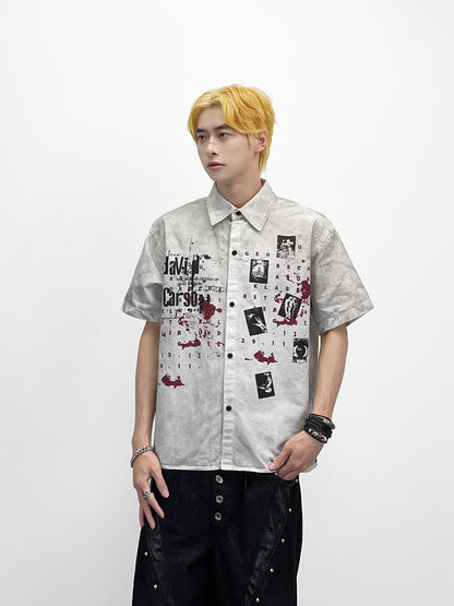 Graffiti Print Splatter Washed Short Sleeve Shirt WN24267