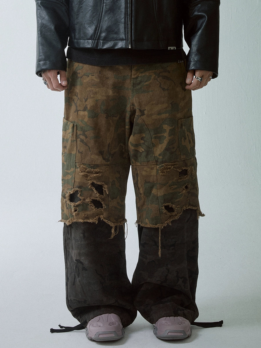 Camouflage Washed Damage Double-Layer Cargo Pants WN12270