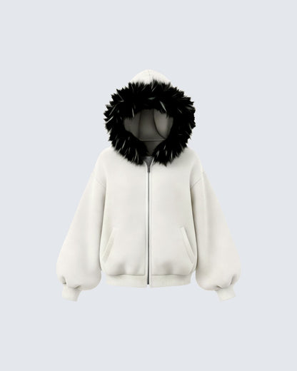 Fake Fur Fleece Lining Oversize Zipper Hoodie WN27959