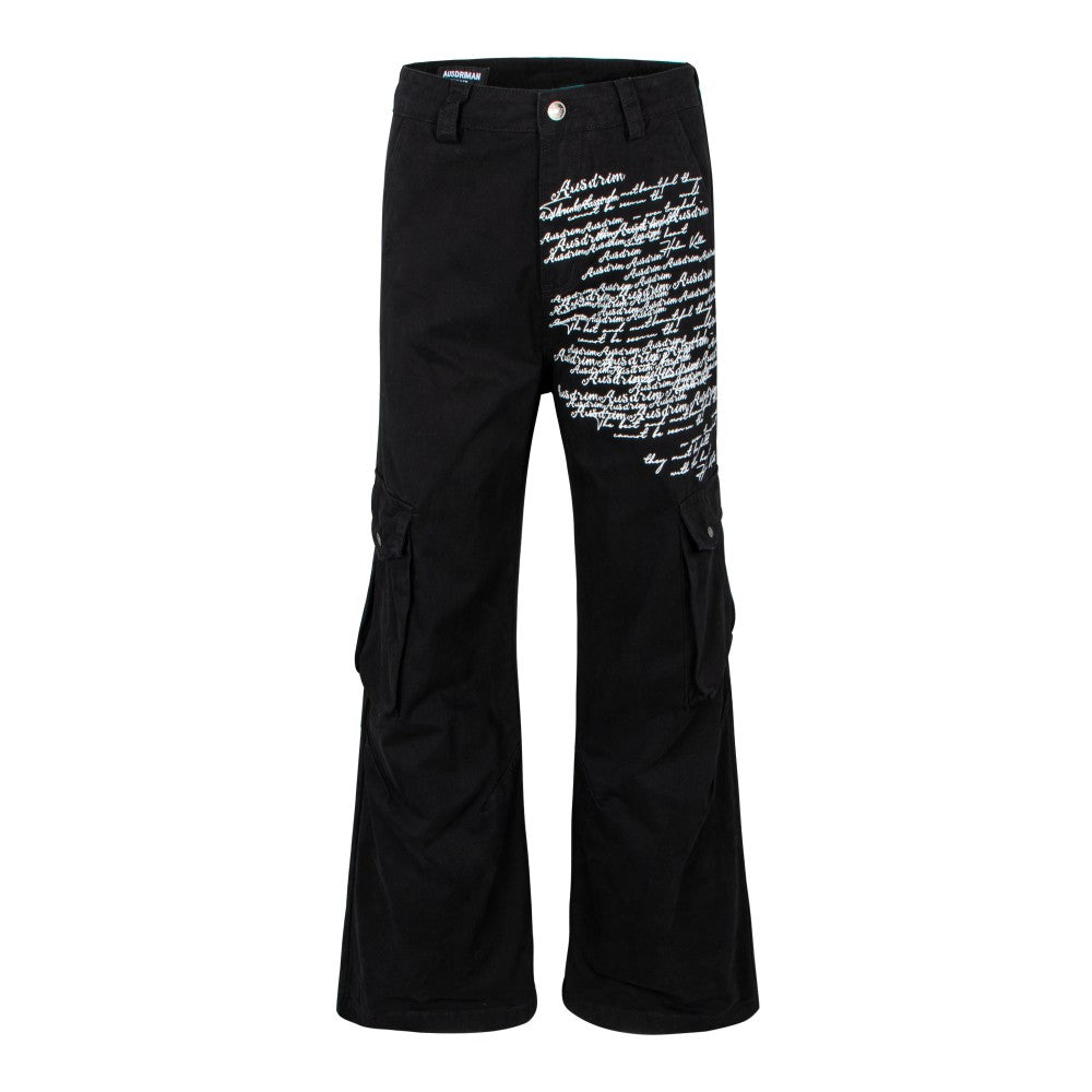 Letter Print Washed Wide Leg Cargo Denim Jeans WN27898