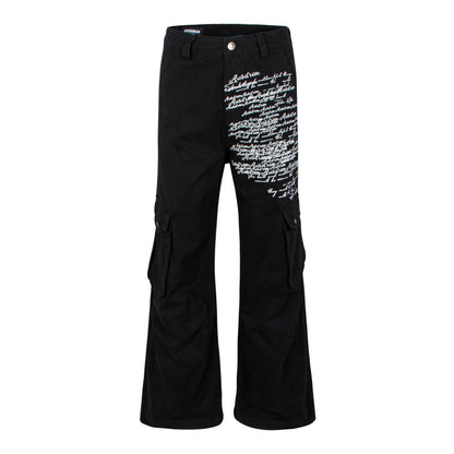 Letter Print Washed Wide Leg Cargo Denim Jeans WN27898