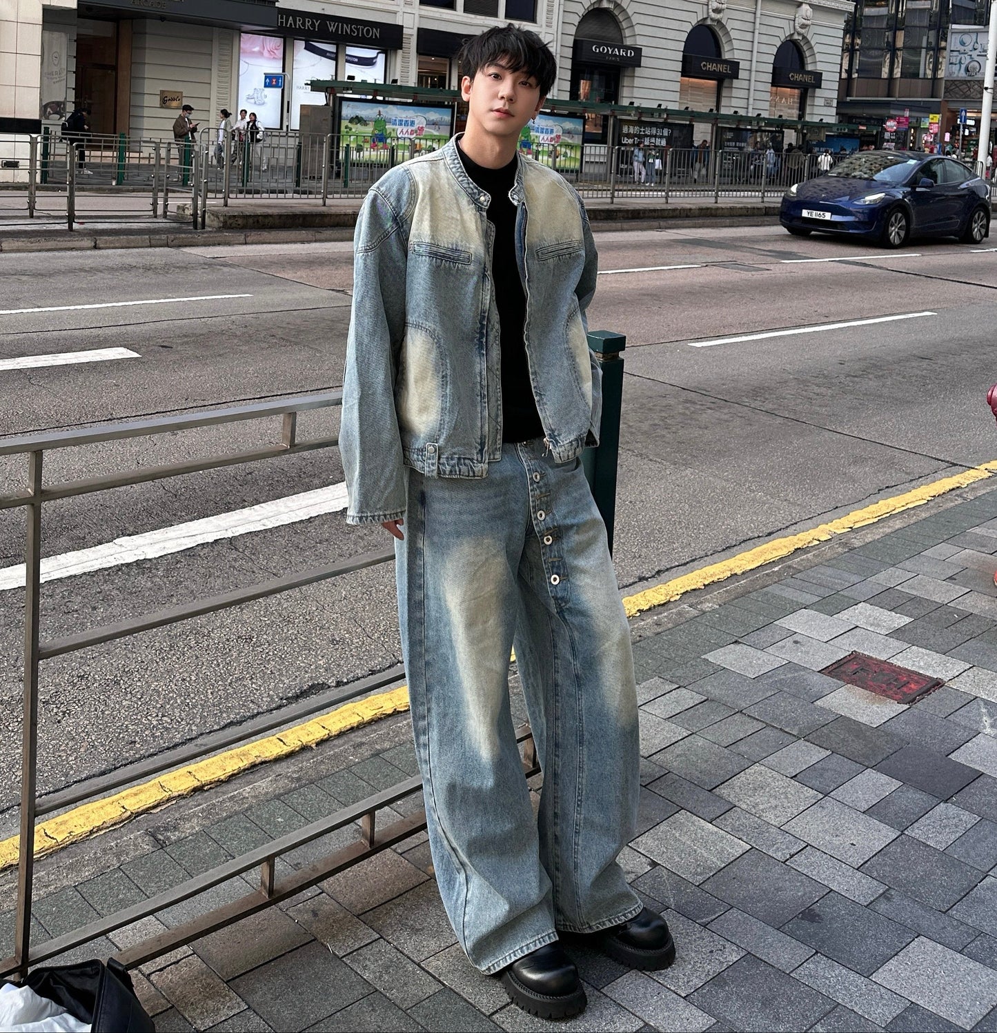 Standing-Collar Damage Wash Denim Jacket & Damage Wash Wide Leg Denim Jeans Setup WN25265