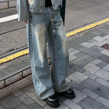 Standing-Collar Damage Wash Denim Jacket & Damage Wash Wide Leg Denim Jeans Setup WN25265