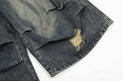 Washed Damage Cargo Pocket Denim Half Pants WN25699