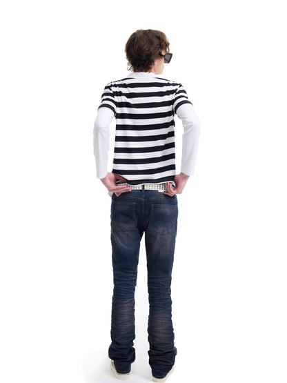 Fake Layered Stripe Logo Print Long Sleeve Polo Shirt WN27198