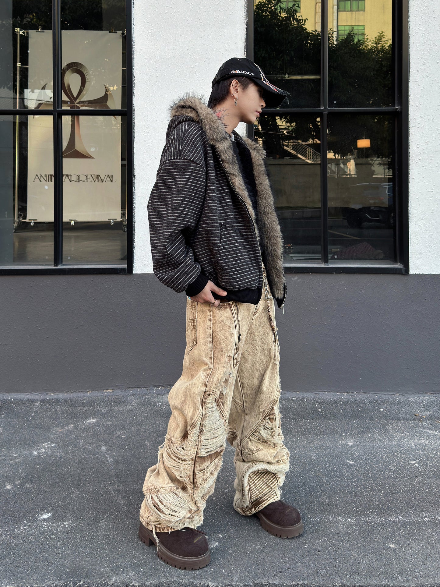 Fur Collar Striped Fleece Lining Short Zipper Hoodie WN23000