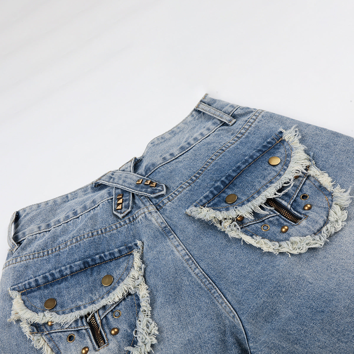 Fringe Studs Denim Half Jeans WN25518