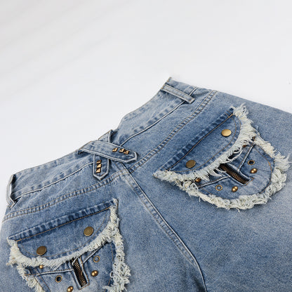 Fringe Studs Denim Half Jeans WN25518