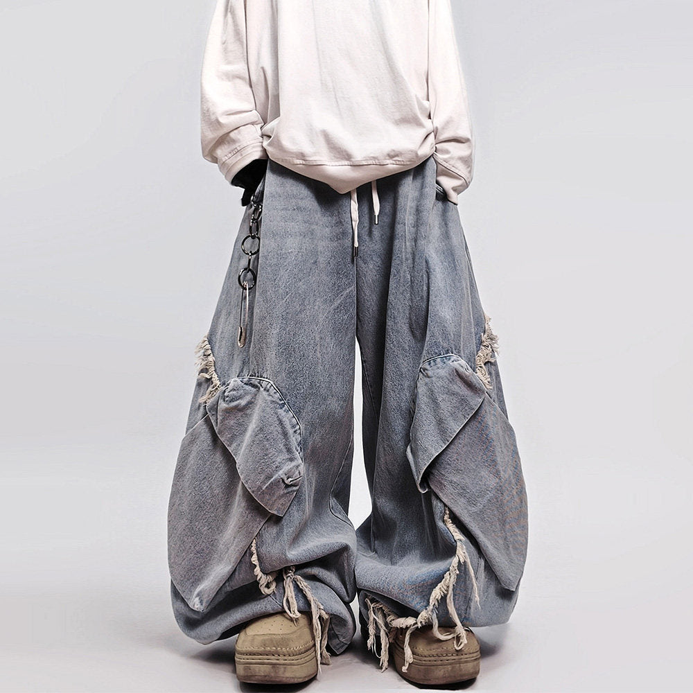 Curved Cut Wide Leg Cargo Denim Jeans WN23992