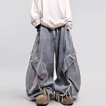 Curved Cut Wide Leg Cargo Denim Jeans WN23992