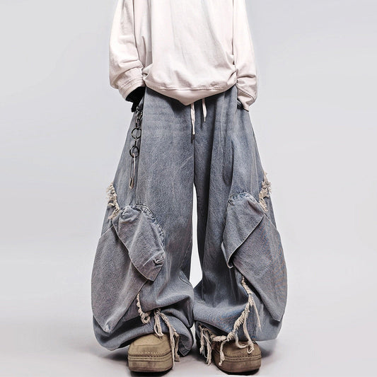 Curved Cut Wide Leg Cargo Denim Jeans WN23992