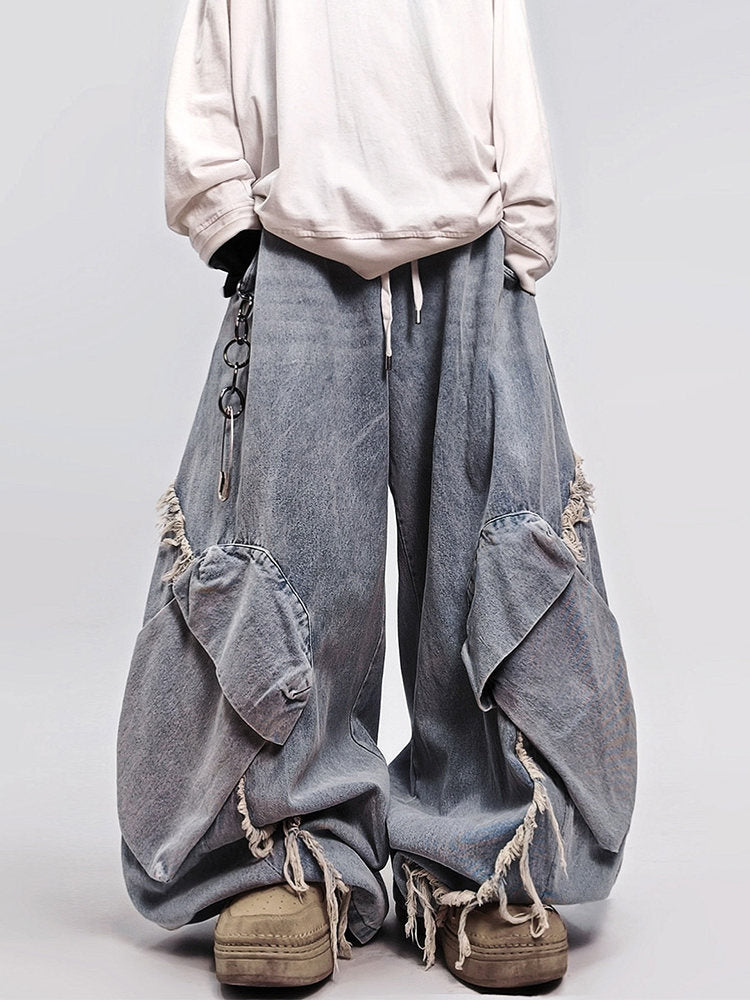 Curved Cut Wide Leg Cargo Denim Jeans WN23992