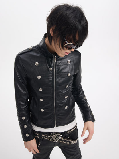 Stand Neck Button Detail PU Leather Jacket WN27241