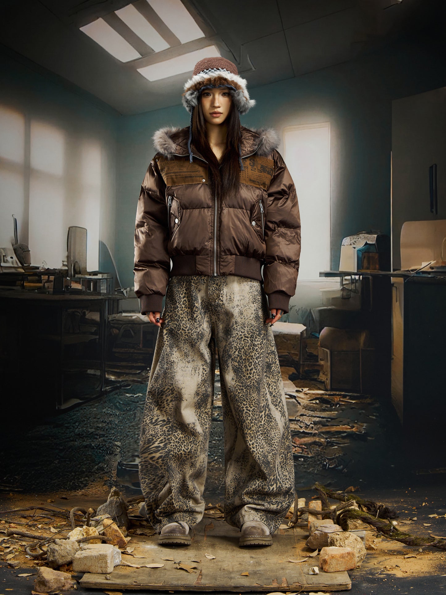 Patchwork Fur Collar Cropped Hooded Short Puffer Jacket WN22757